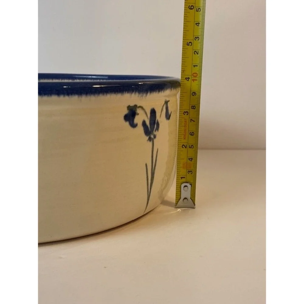 Lynn Gray Signed Studio Pottery Bowl Blue Iris Floral Cobalt Rim Large 9.5 Inch